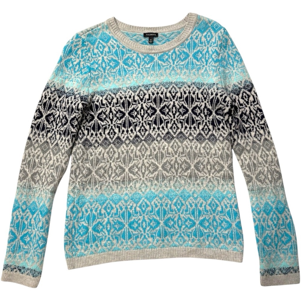 Talbots Fair Isle Crewneck Women's Teal and Gray Patterned Lambswool Sweater - M